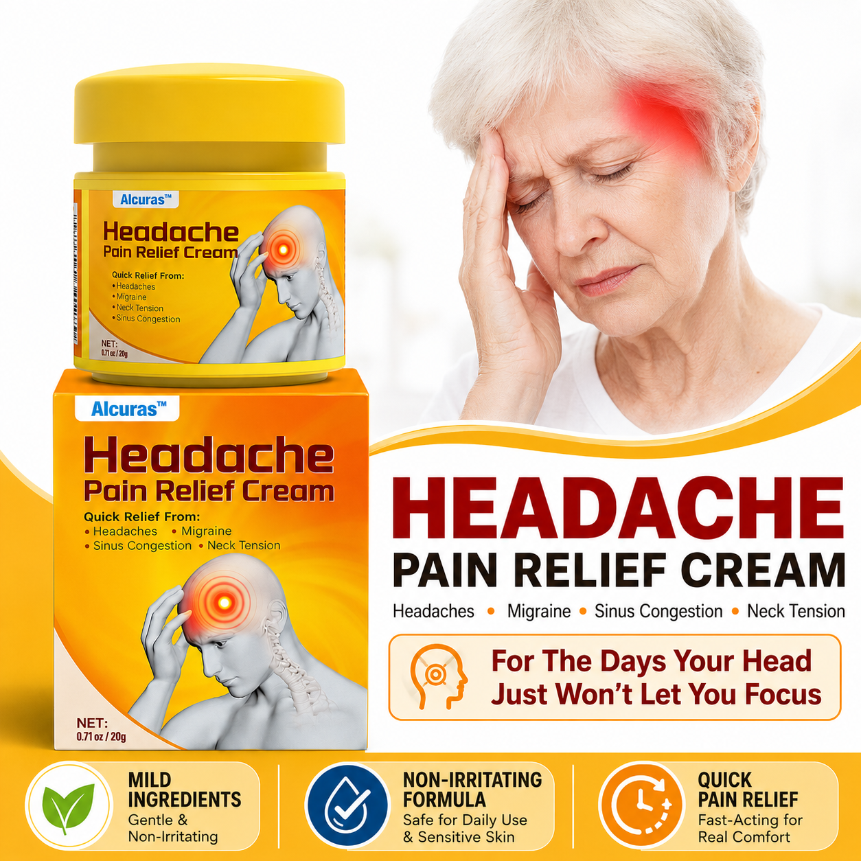 🧠 Alcuras™ Head & Neck Relief Cream ⚡ | 60-Second Fast Comfort ⏱️ | Relieves head pressure, temple pain, neck stiffness, eye strain 👀, migraine-like tension & stress fatigue 💥 | Daily relief for modern life stress 💆‍♀️ | 90-Day Guarantee ✅