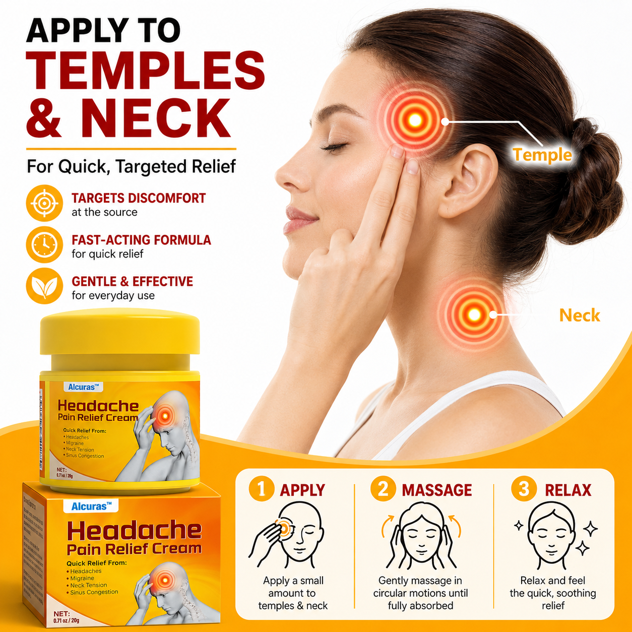 🧠 Alcuras™ Head & Neck Relief Cream ⚡ | 60-Second Fast Comfort ⏱️ | Relieves head pressure, temple pain, neck stiffness, eye strain 👀, migraine-like tension & stress fatigue 💥 | Daily relief for modern life stress 💆‍♀️ | 90-Day Guarantee ✅