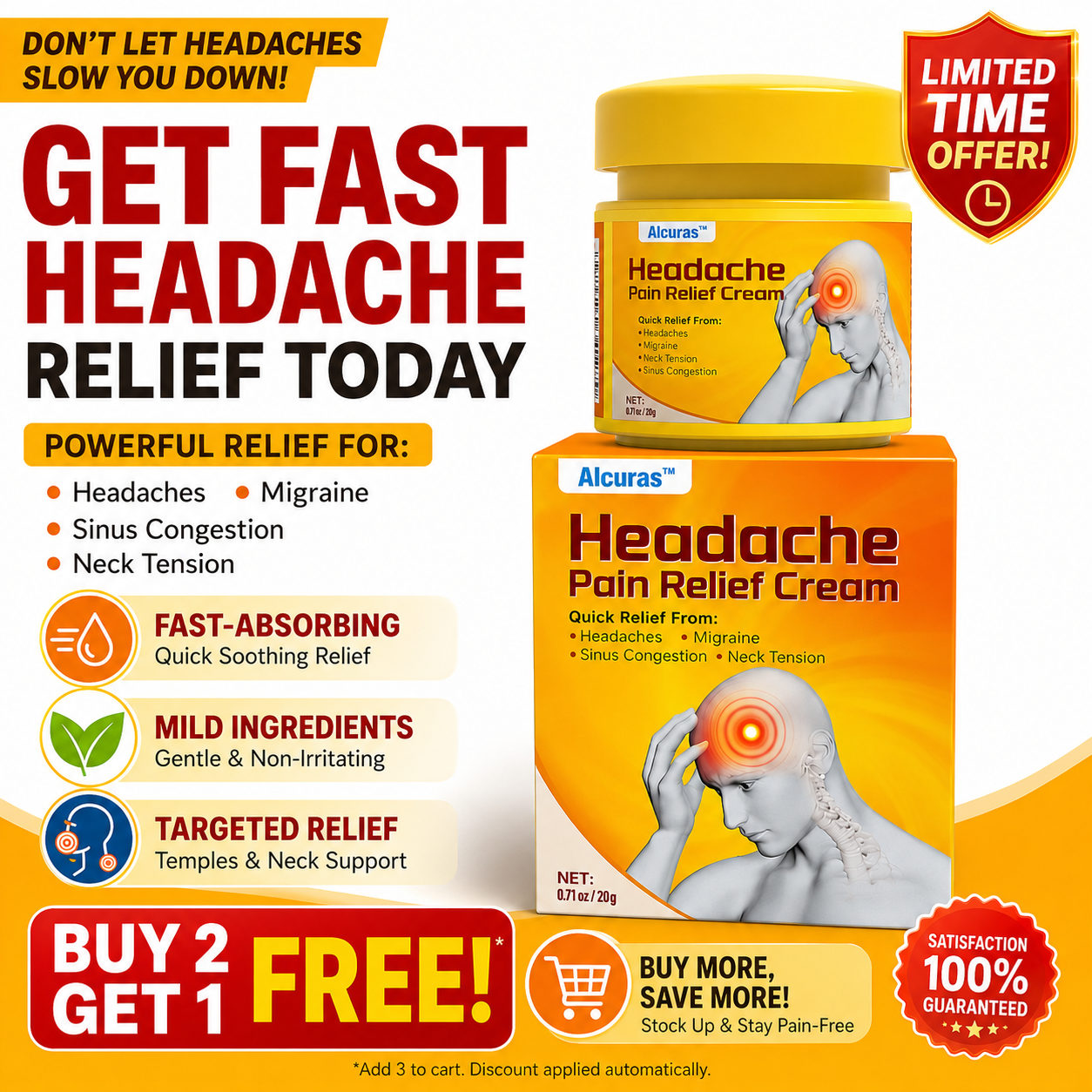 🧠 Alcuras™ Head & Neck Relief Cream ⚡ | 60-Second Fast Comfort ⏱️ | Relieves head pressure, temple pain, neck stiffness, eye strain 👀, migraine-like tension & stress fatigue 💥 | Daily relief for modern life stress 💆‍♀️ | 90-Day Guarantee ✅