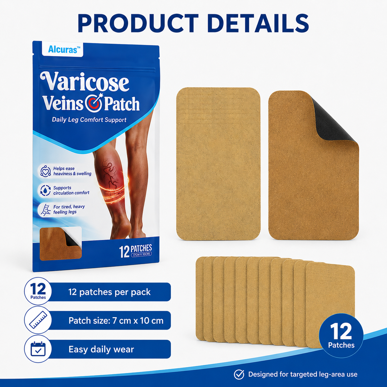 🔥 Alcuras™ Varicose Veins × Heavy Legs 6-Benefit Support Patch 🇺🇸 Apply once daily · Easy leg comfort support ✅ For visible veins, tired legs, leg heaviness, swelling, long standing, sitting, travel fatigue & more