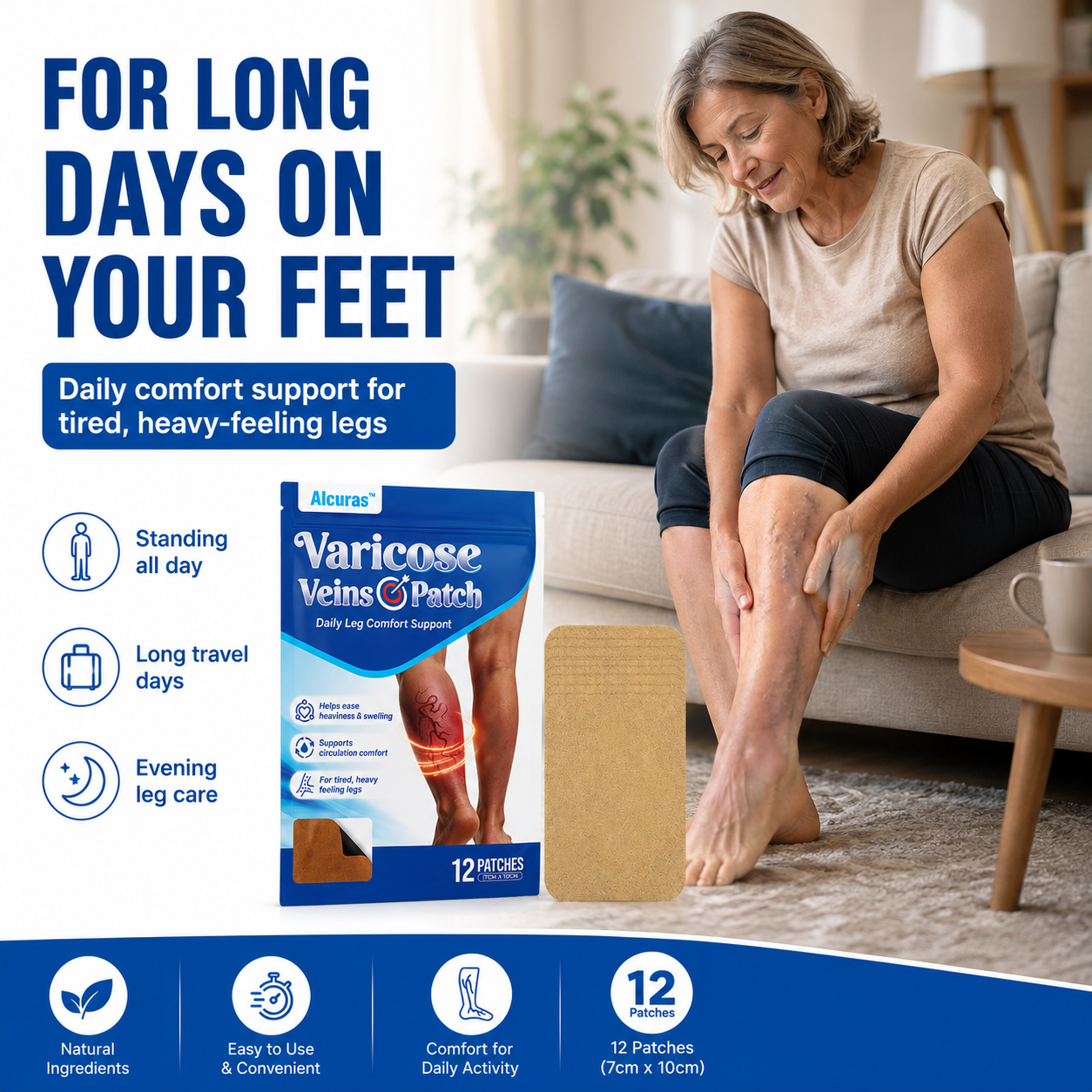 🔥 Alcuras™ Varicose Veins × Heavy Legs 6-Benefit Support Patch 🇺🇸 Apply once daily · Easy leg comfort support ✅ For visible veins, tired legs, leg heaviness, swelling, long standing, sitting, travel fatigue & more