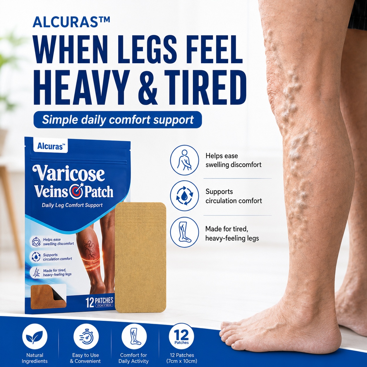 🔥 Alcuras™ Varicose Veins × Heavy Legs 6-Benefit Support Patch 🇺🇸 Apply once daily · Easy leg comfort support ✅ For visible veins, tired legs, leg heaviness, swelling, long standing, sitting, travel fatigue & more